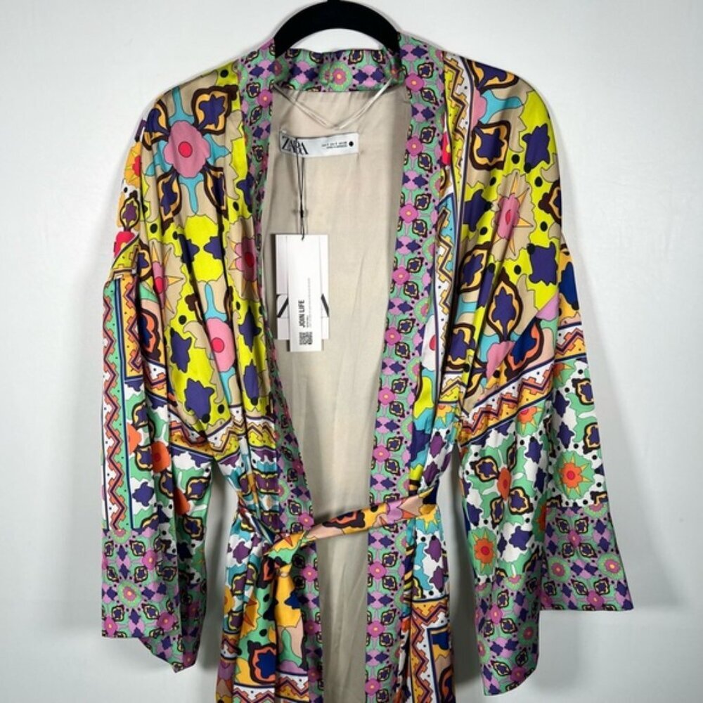 NWT ZARA KIMONO Multicolor Satin Tied Self Belt Slits Oversized 7753/032 Size‎ S - Picture 6 of 13